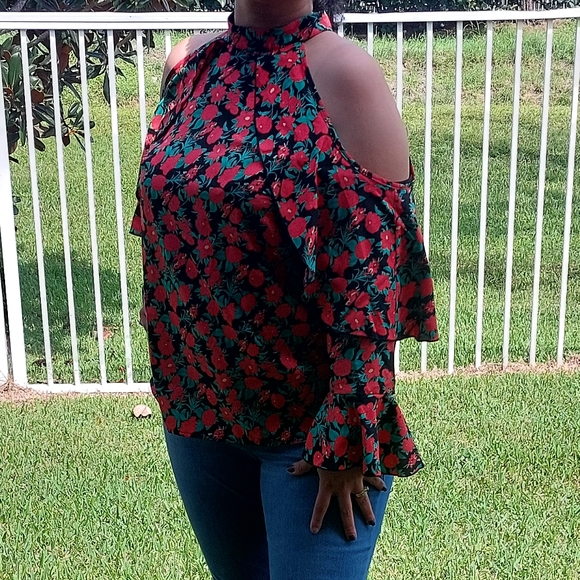 Floral Print Ruffle Cold Shoulder Blouse Green Size L - Picture 2 of 14